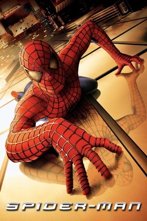 A figure in a red and blue suit crouched on a rooftop, casting a long shadow.