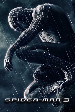 A figure in a black suit crouched in heavy rain, head bowed.
