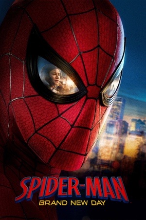 A close-up of the Spider-Man mask at dusk, a figure reflected in the left eye lens.