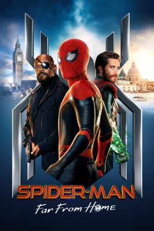 Spider-Man in the black stealth suit against European landmarks, Mysterio in a green cape behind.