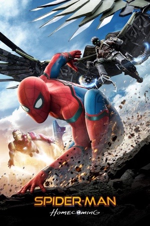 Spider-Man crouched on a rooftop with the Vulture's huge dark wings spread above him.