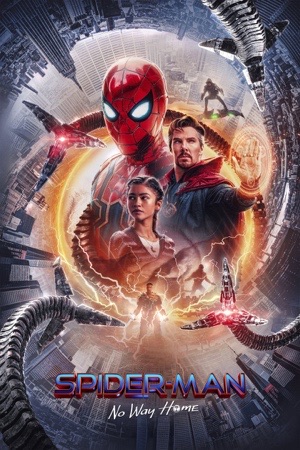 Spider-Man in the red and black suit inside a spiral of shattered glass and orange sparks.