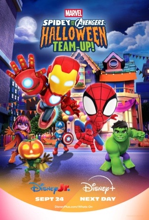 Bright cartoon Iron Man, Spider-Man, Captain America and Hulk trick-or-treating on a sunny street.