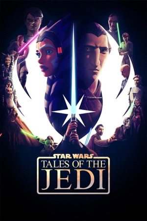 Animated Ahsoka's face split with a young Dooku, two lightsabers crossing between them.