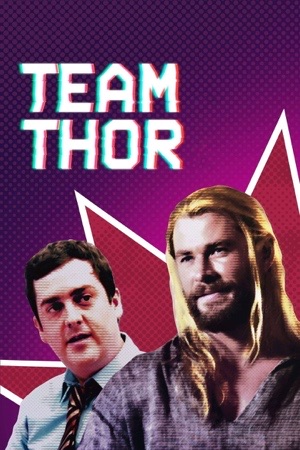 A long-haired Thor beside a grinning man in a shirt and tie, magenta halftone behind them.