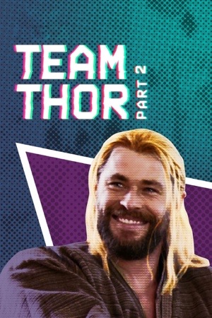 Thor grinning to camera against teal and purple, hair loose over his shoulders.
