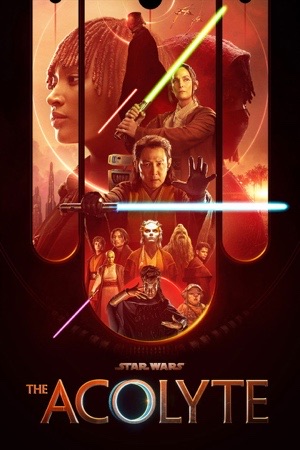 Figures arranged symmetrically around a single red lightsaber blade running down the centre.