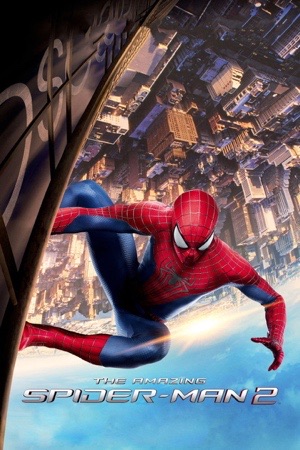 A figure in red and blue clinging to a skyscraper, the city far below.