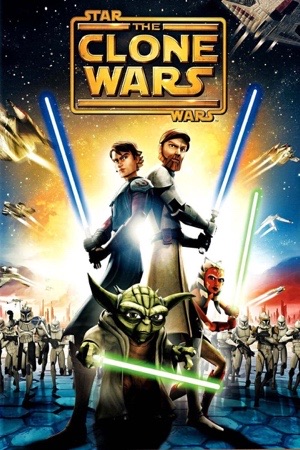 Animated Anakin and Ahsoka with blue lightsabers, clone troopers massed behind them.