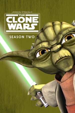 Animated Yoda holding a green lightsaber against olive green.