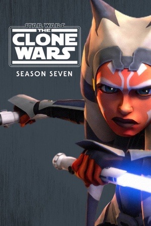 Animated Ahsoka Tano with two white lightsabers against pale blue.