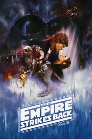 Painted in blues and whites: Luke, Leia and Han in the foreground with Vader looming behind them.