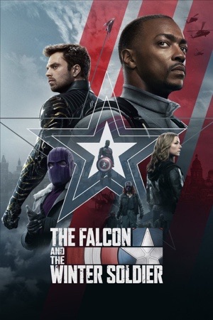 Anthony Mackie in front of a large white star, Sebastian Stan and Wyatt Russell beside him.