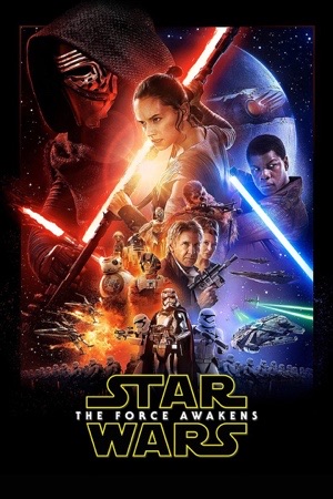 Rey with a staff and Finn with a blue lightsaber, Kylo Ren's red blade cutting across the top.