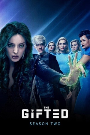 A green-haired woman reaching forward with a glowing hand, five figures in blue behind her.
