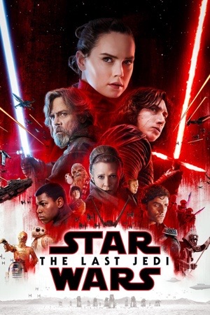Rey holding a lightsaber upright, Luke and Kylo Ren either side, in red and white.