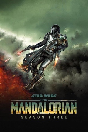 The Mandalorian flying with a jetpack through smoke and green sky.