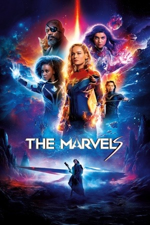 Captain Marvel, Ms. Marvel and Monica Rambeau standing back to back against a blue and purple starfield.