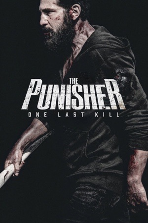 A bloodied, bearded man in a dark hooded coat against black, a blade at his side.