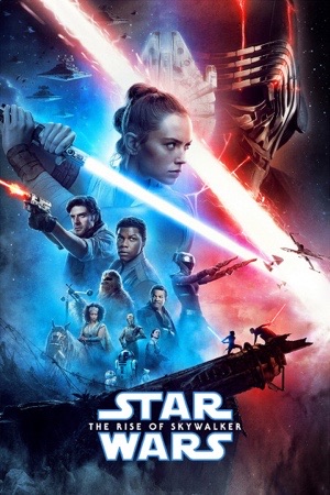 Rey with a lightsaber against a red and blue split background, the fleet below.