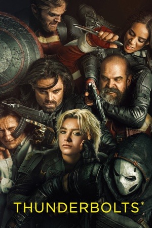 A group of anti-heroes crowded together in muted greens and browns, Yelena at the front.