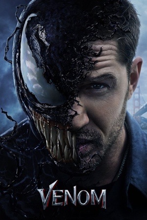 A man's face split down the middle, half human and half a black creature with white eyes.