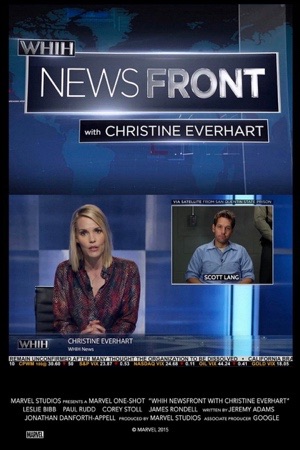 A news anchor at a desk beside a satellite window of a man in a prison jumpsuit.