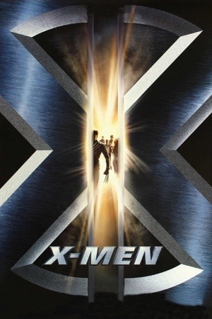 Hugh Jackman as Wolverine with claws out, the team behind him and a large X across the frame.