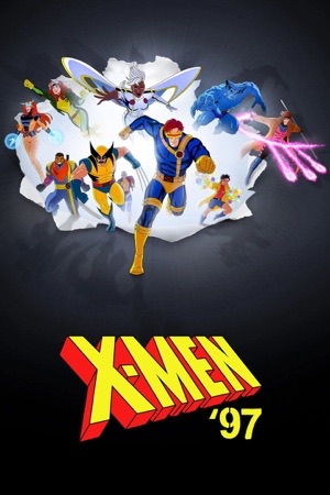 The animated X-Men in their nineties costumes leaping forward against a dark blue sky.