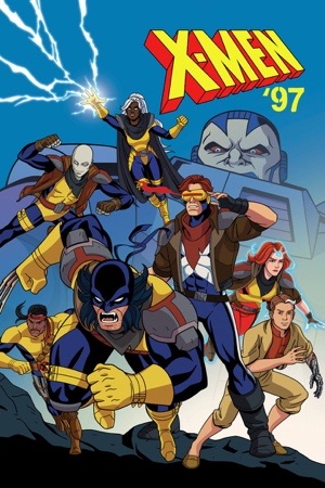 The animated X-Men team in yellow and blue, leaping forward with a giant robot head behind them.