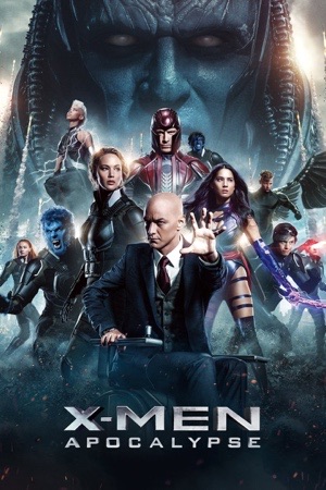 Apocalypse in blue with arms outstretched, the cast in dark blue ranks below.