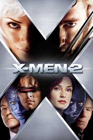 Faces of the cast set inside the arms of a huge metallic X, in cold blues and greys.