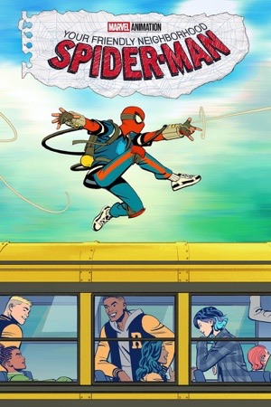 A hand-drawn animated Spider-Man swinging above a school bus of surprised passengers.